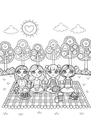 A coloring page of Bratz Glam Picnic Party Fun with Friends!