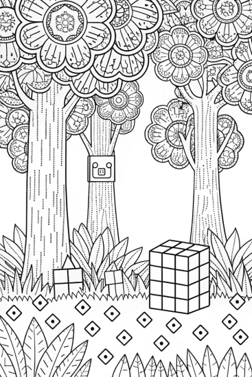 A coloring page of Creeper’s vibrant garden escapade