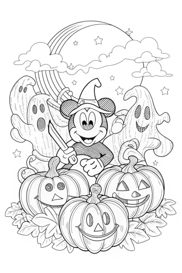 A coloring page of Mickey’s Spooktacular Pumpkin Patch Adventure