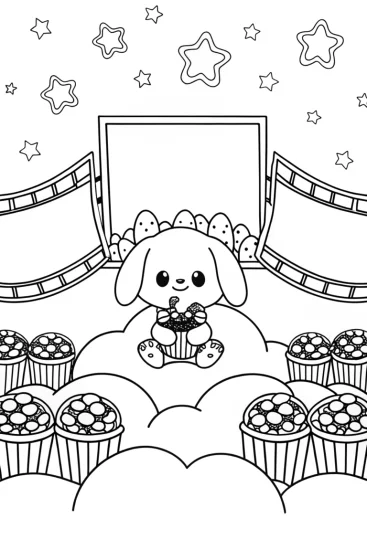 A coloring page of Cinnamoroll’s Cozy Cinema Night Coloring Page
