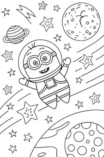 A coloring page of Minion in a cosmic exploration