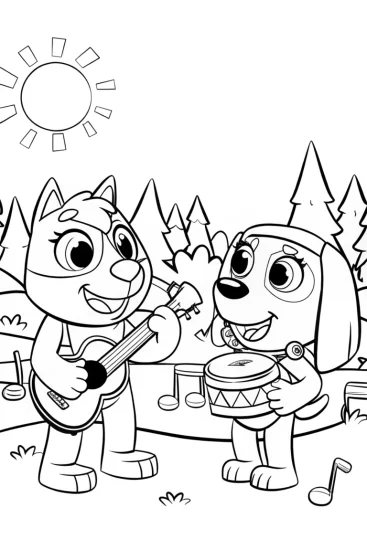A coloring page of Bluey’s Magical Music Party Coloring Page
