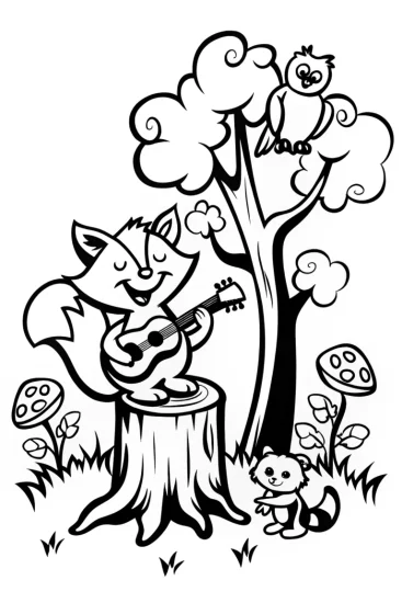 A coloring page of Friendly Fox and the Musical Forest Coloring Page