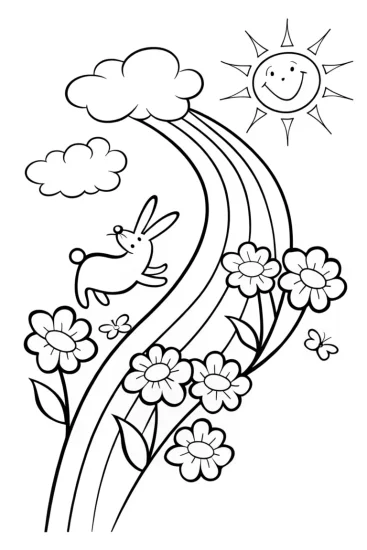 A coloring page of The Rainbow Garden Adventure with Bunny