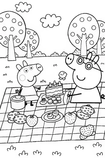 A coloring page of Peppa’s Picnic Adventure with Friends