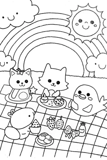 A coloring page of Rainbow Friends’ Picnic Adventure with Happy Characters