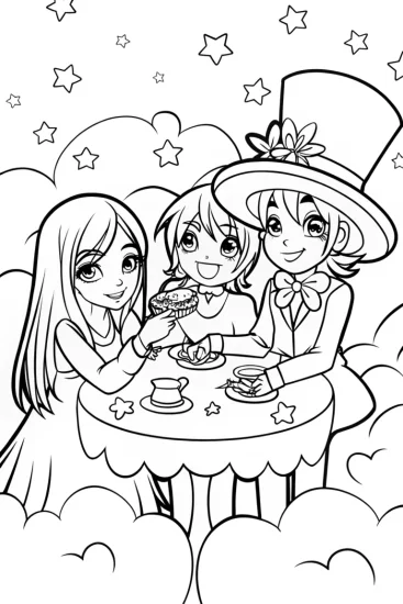 A coloring page of Whimsical Tea Party with Friends in the Clouds