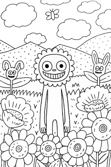 A coloring page of Huggy Wuggy’s Joyful Garden Quest