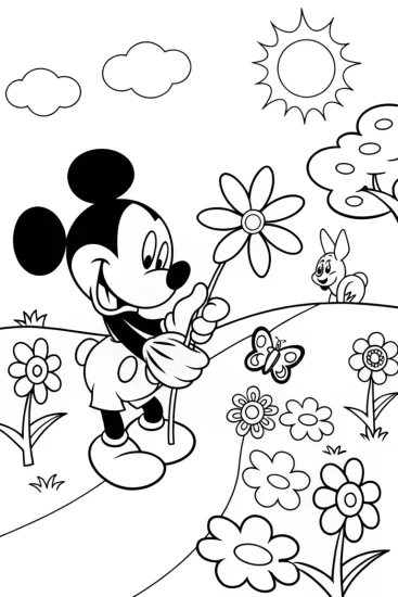 A coloring page of Mickey’s floral quest in a magical garden