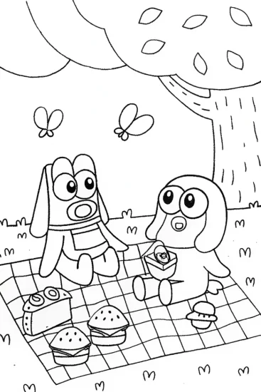 A coloring page of Bluey and Friends Enjoy a Family Picnic Adventure