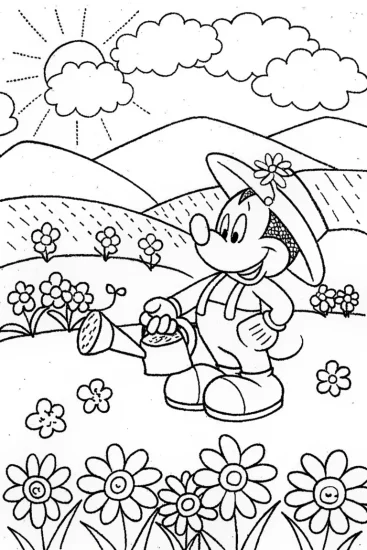 A coloring page of Mickey’s Garden Adventure: A Colorful Day of Fun!