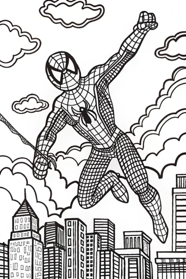 A coloring page of Spider-Man Soars Through the Cityscape