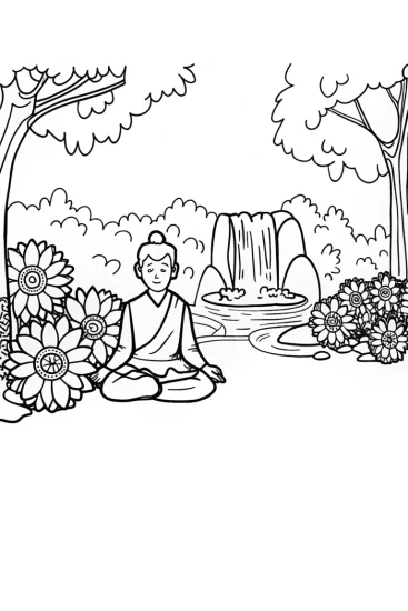 A coloring page of Goku Meditating in the Serene Forest