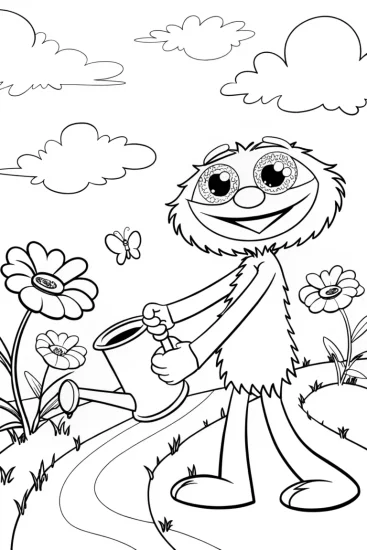 A coloring page of Huggy Wuggy Tends to His Garden of Giggles