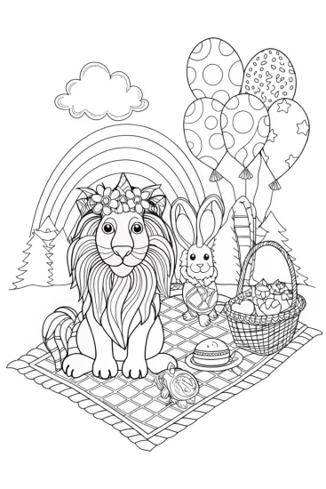 A coloring page of Rainbow Pals Picnic with Leo the Lion and Benny the Bunny