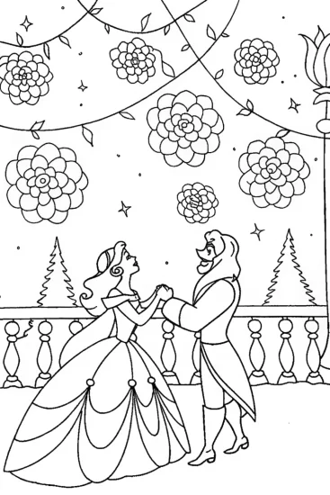 A coloring page of Enchanted Dance of Belle and the Beast