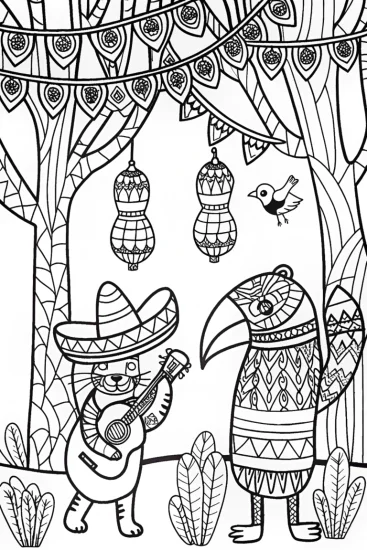 A coloring page of La Fiesta de los Animales Encantados con Gato Mariachi