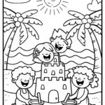 Tropical Beach Picnic Party with Friends and Sandcastles