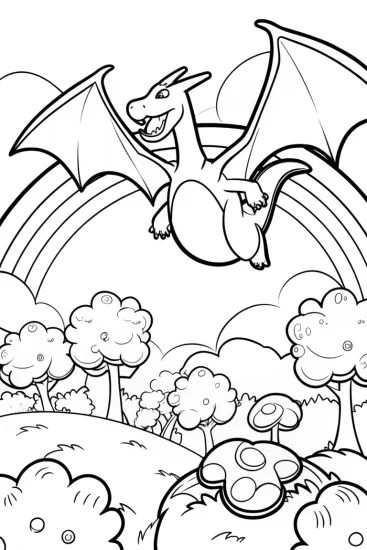 A coloring page of Charizard Soars Above the Enchanted Forest