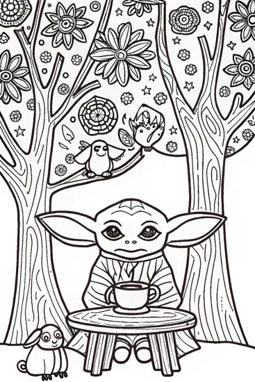 A coloring page of Yoda’s Cozy Tea Time Adventure