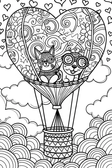 A coloring page of Heartfelt Adventure Coloring Page with Cat and Dog