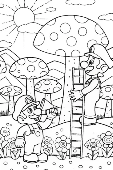A coloring page of Mario and Luigi in the Mushroom Garden Quest