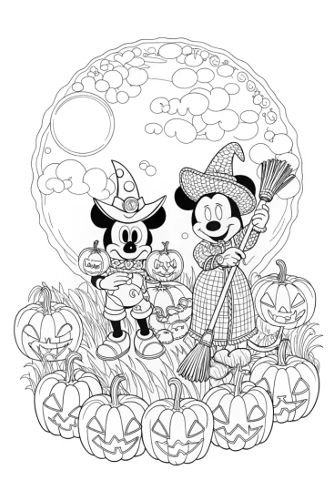 A coloring page of Mickey and Minnie’s Spooky Pumpkin Patch Adventure