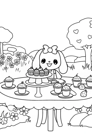 A coloring page of Cinnamoroll’s Enchanting Tea Party Adventure
