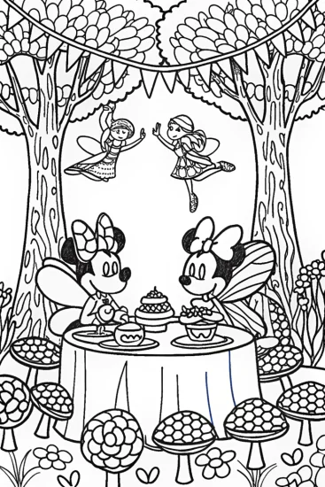 A coloring page of Enchanted Forest Tea Party with Minnie Mouse
