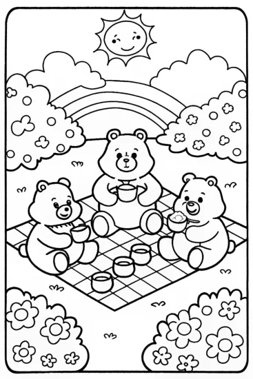 A coloring page of Care Bears Tea Party Fun with Cheer Bear!