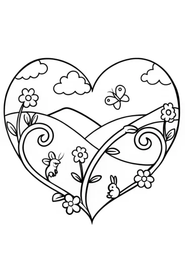 A coloring page of Heartfelt Garden: A Whimsical Love for Nature