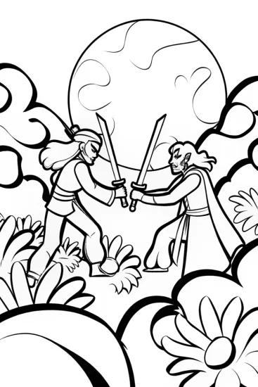 A coloring page of Moonlight Duel: A Battle Beneath the Full Moon