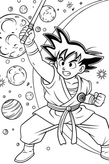 A coloring page of Goku’s cosmic training in space