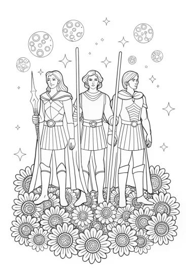 A coloring page of Celestial Warriors of the Star Garden