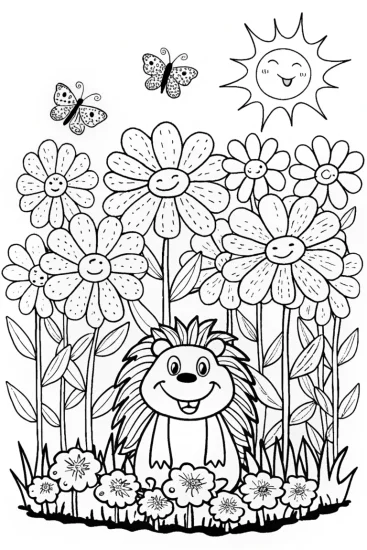 A coloring page of Happy Hedgehog in a Colorful Garden Adventure