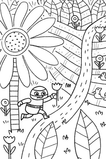 A coloring page of Ninja’s Colorful Flower Adventure in the Garden