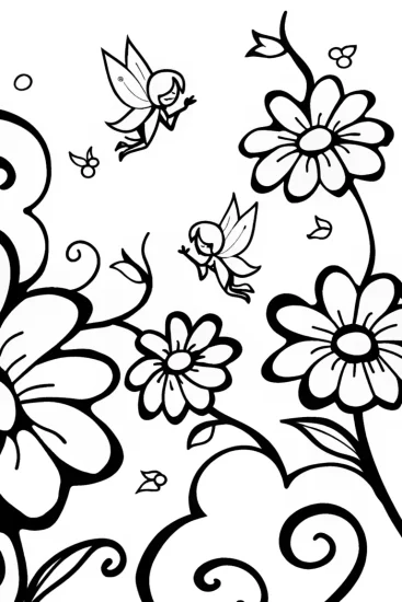 A coloring page of The Dancing Flower Fairies Coloring Page