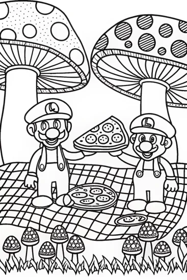 A coloring page of Mushroom Kingdom Feast with Mario and Luigi