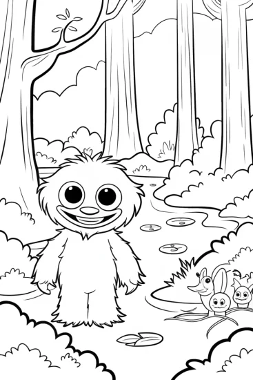 A coloring page of Huggy Wuggy’s Adventure in the Enchanted Forest