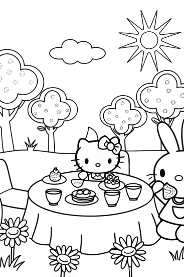 A coloring page of Hello Kitty’s Enchanted Garden Tea Party Fun