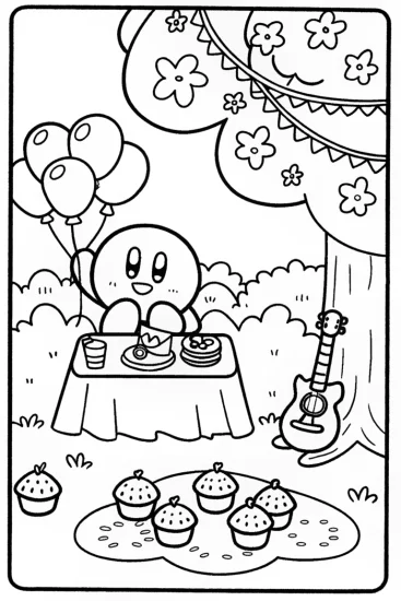 A coloring page of Kirby’s Fun Garden Party Adventure