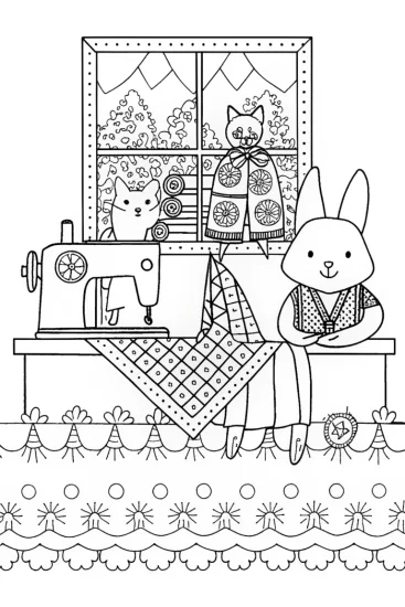 A coloring page of Sewing Dreams with Benny the Bunny and Friends