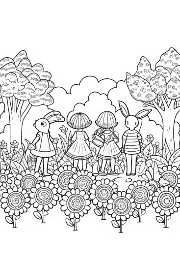 A coloring page of Rainbow High Adventures: Fun with Friends in the Garden