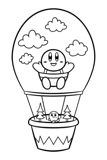 A coloring page of Kirby’s Balloon Adventure in the Sky