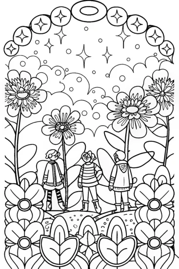 A coloring page of Rainbow High Adventure: Friends Among the Flowers