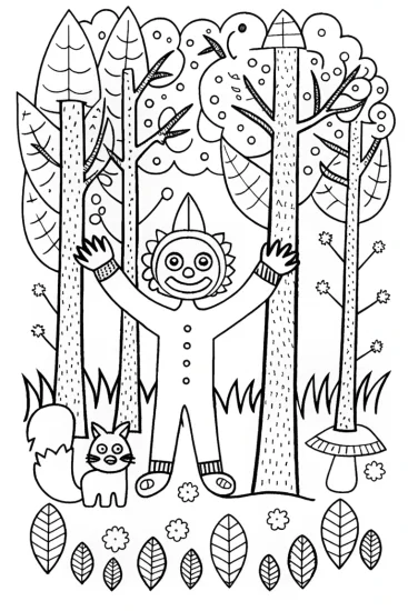 A coloring page of Huggy Wuggy’s Adventure in the Friendly Forest