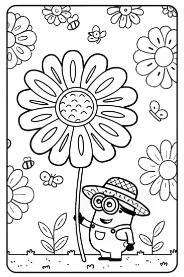A coloring page of Minion’s Big Flower Adventure in the Garden