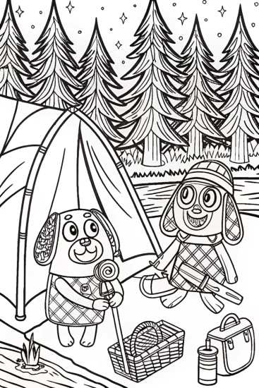 A coloring page of Bluey and Bingo’s Camping Fun