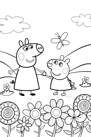 A coloring page of Peppa Pig’s Adventure in the Enchanted Garden