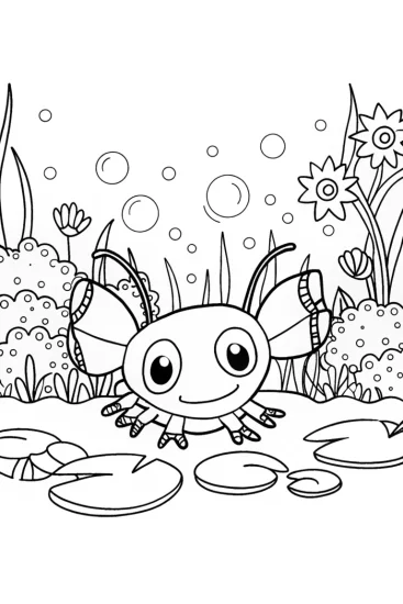 A coloring page of Axolotl’s Magical Journey in the Enchanted Pond